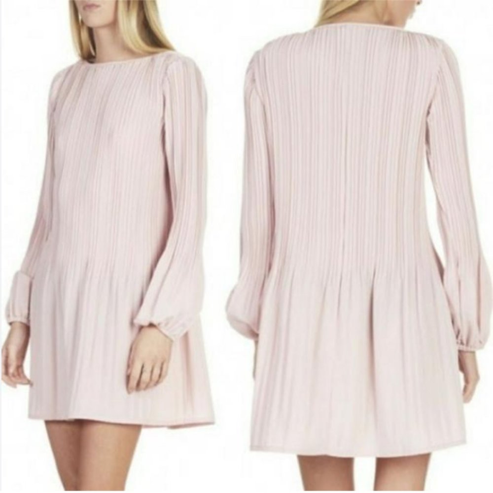 Maje Rockin Pleated Light Pink Puff Sleeve Mini Dress